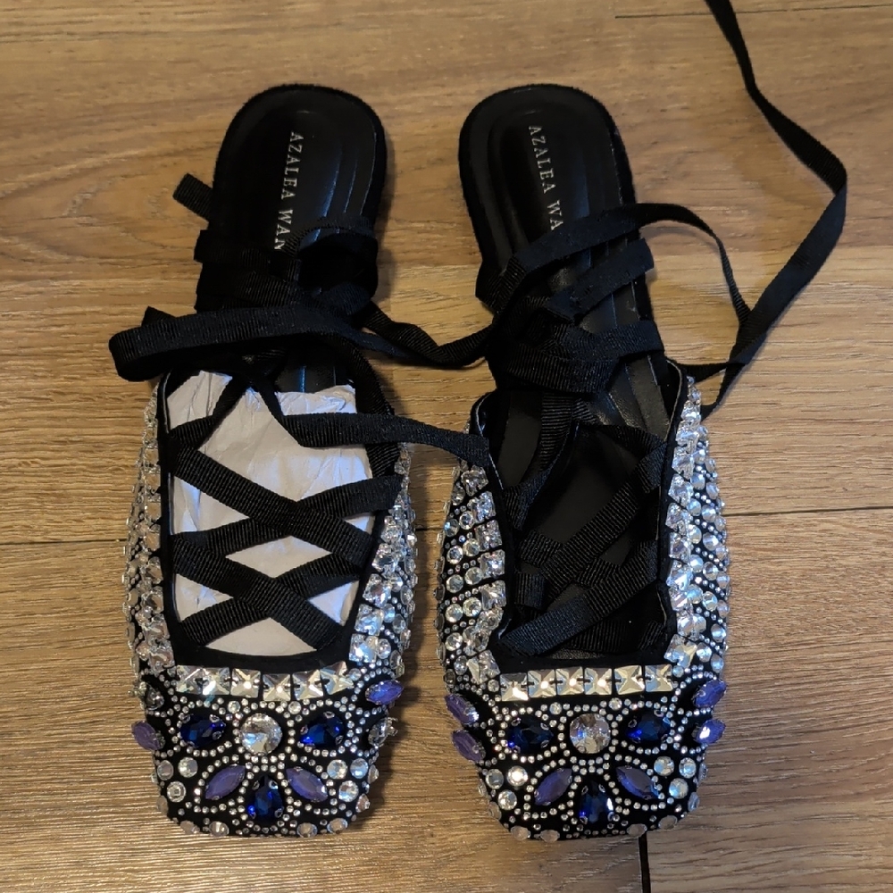 Azalea Wang Black Embellished Lace-Up Flats with Blue Accents